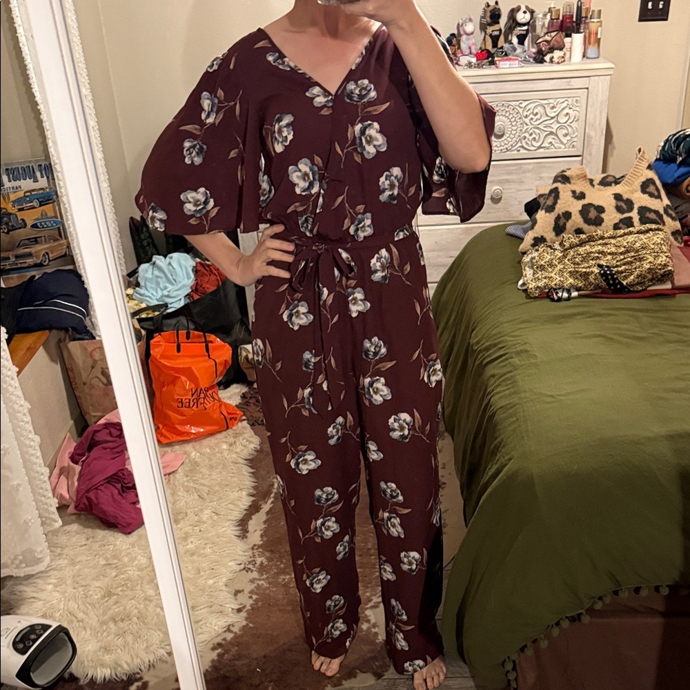 Maurices Burgundy Floral Jumpsuit